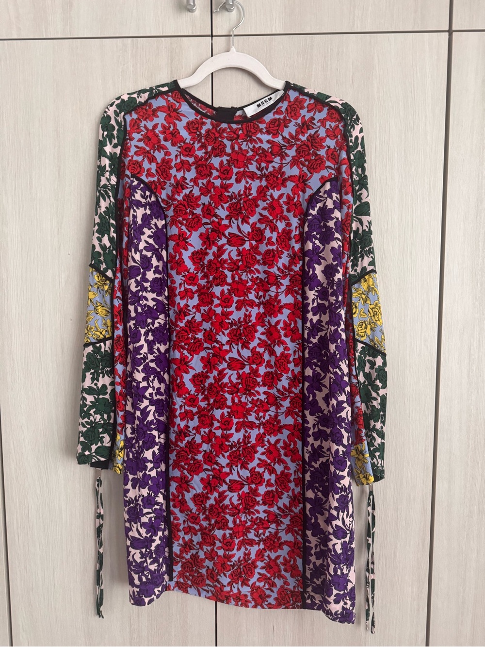 MSGM Milano Italy 💯 Silk Floral Patchwork Long Sleeve Dress in Red and Purple